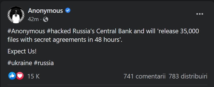 Hackerii Anonymous anunță că au compromis baza de date a Băncii Centrale a Rusiei